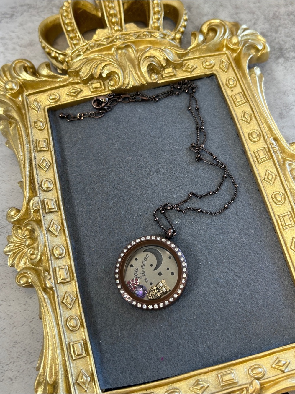 Bundle of Large Chocolate Crystal Locket Necklace with 3 charms and disc